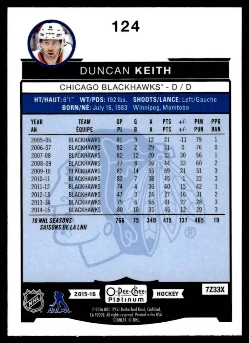 2015-16 O-Pee-Chee Platinum #124 Duncan Keith 1