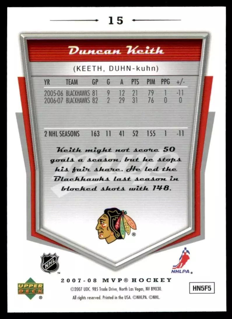 2007-08 Upper Deck MVP #15 Duncan Keith 1