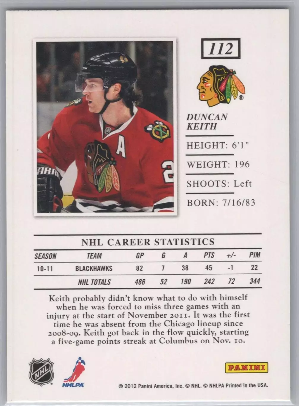 2011-12 Elite #112 Duncan Keith 1