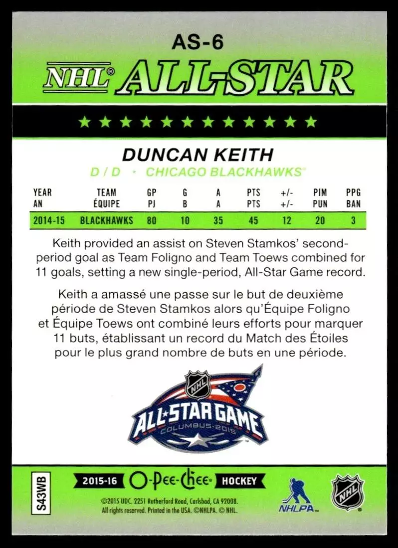 2015-16 O-Pee-Chee All-Star Glossy #AS6 Duncan Keith 1
