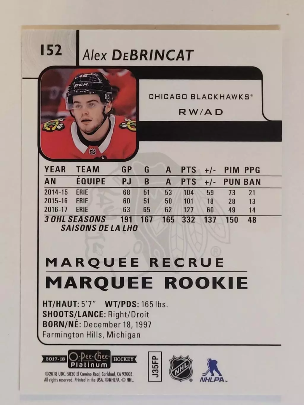 2017-18 O-Pee-Chee Platinum #152 Alex DeBrincat RC 1