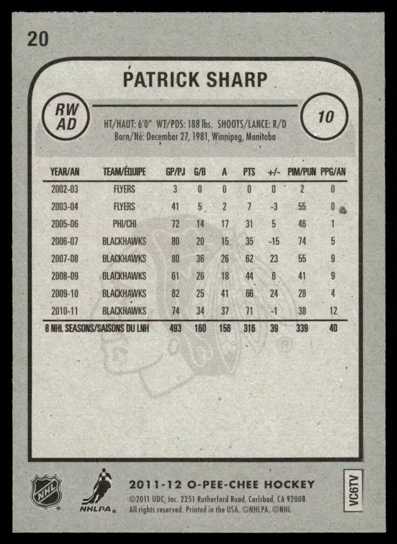 2011-12 O-Pee-Chee #20 Patrick Sharp 1