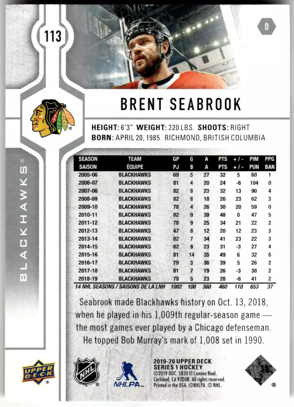 2019-20 Upper Deck #113 Brent Seabrook 1