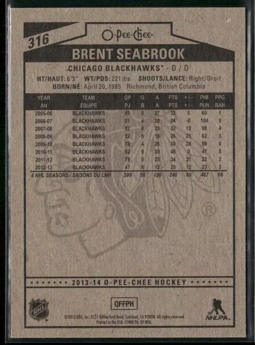2013-14 O-Pee-Chee #316 Brent Seabrook 1