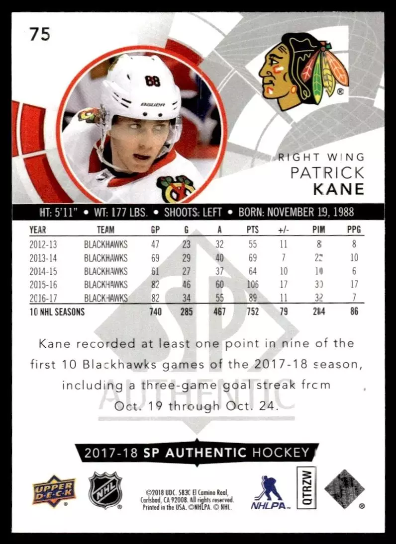 2017-18 SP Authentic #75 Patrick Kane 1