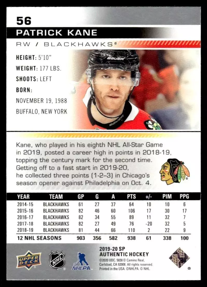 2019-20 SP Authentic #56 Patrick Kane 1