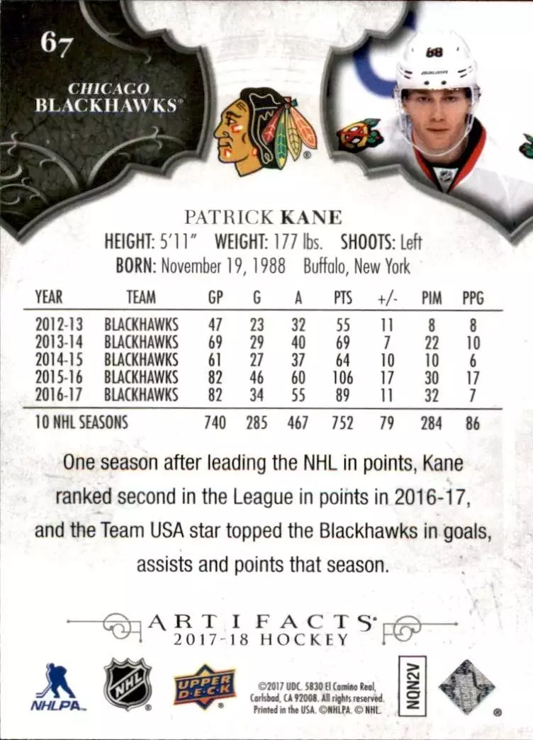2017-18 Artifacts #67 Patrick Kane 1