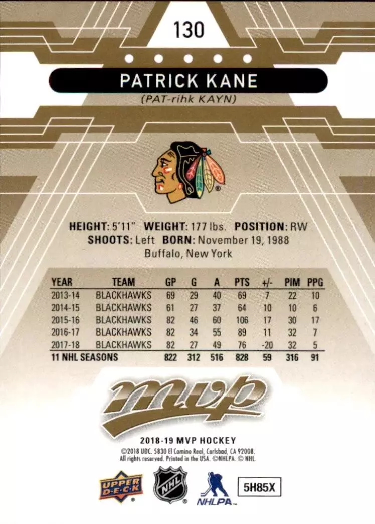 2018-19 Upper Deck MVP #130 Patrick Kane 1