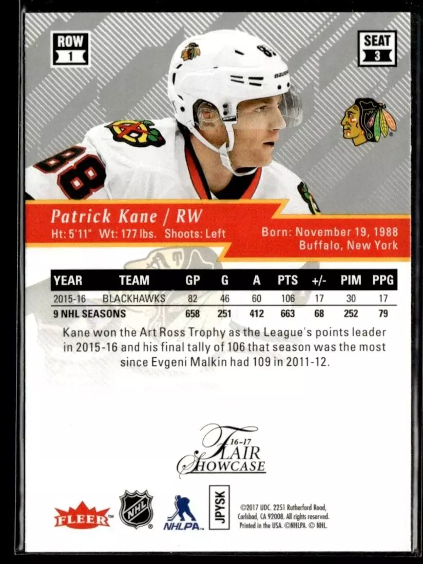 2016-17 Fleer Showcase Flair #3 Patrick Kane R1 1