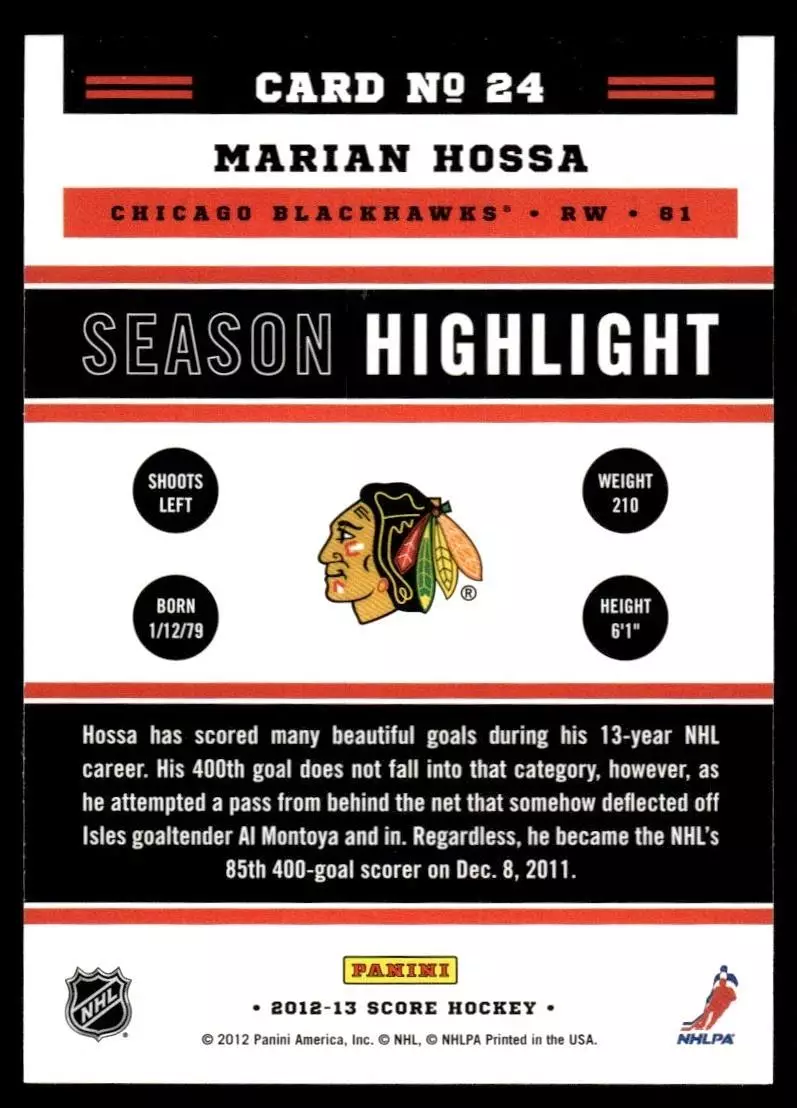 2012-13 Score Gold Rush #24 Marian Hossa SH 1