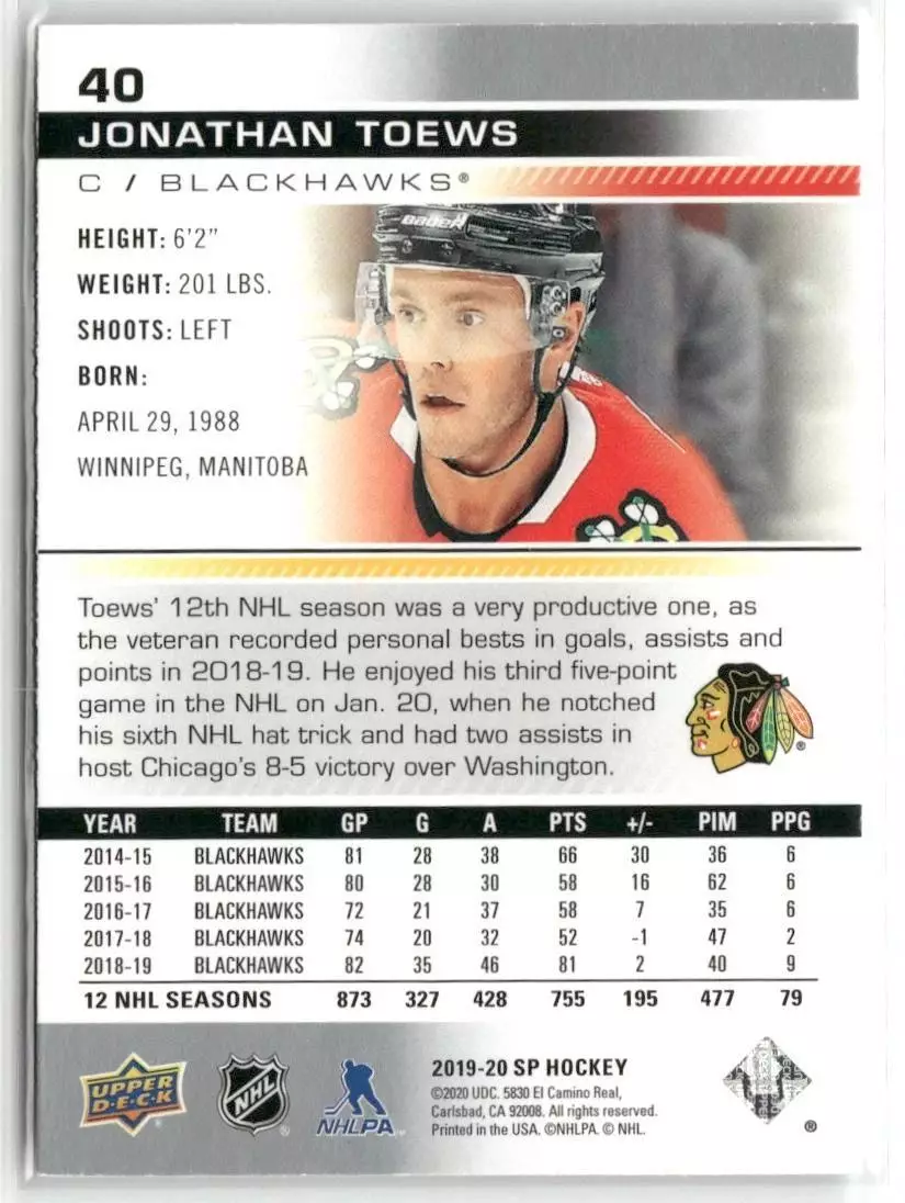 2019-20 SP Authentic #40 Jonathan Toews 1