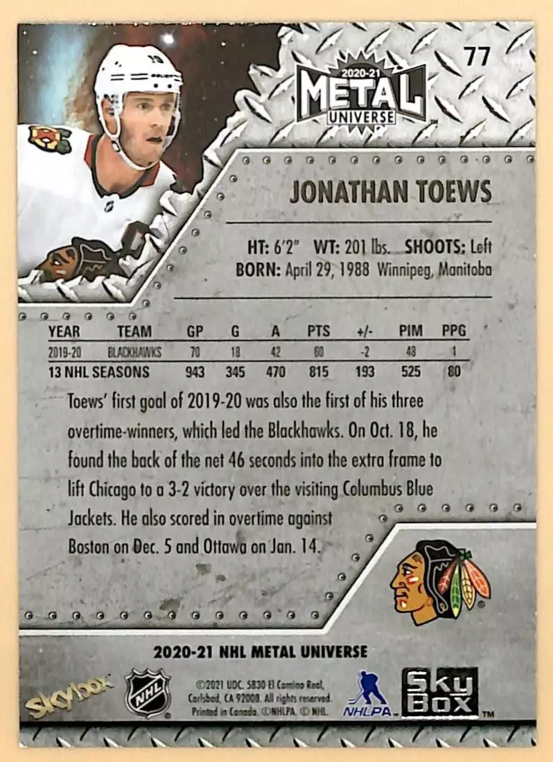 2020-21 Metal Universe #77 Jonathan Toews 1