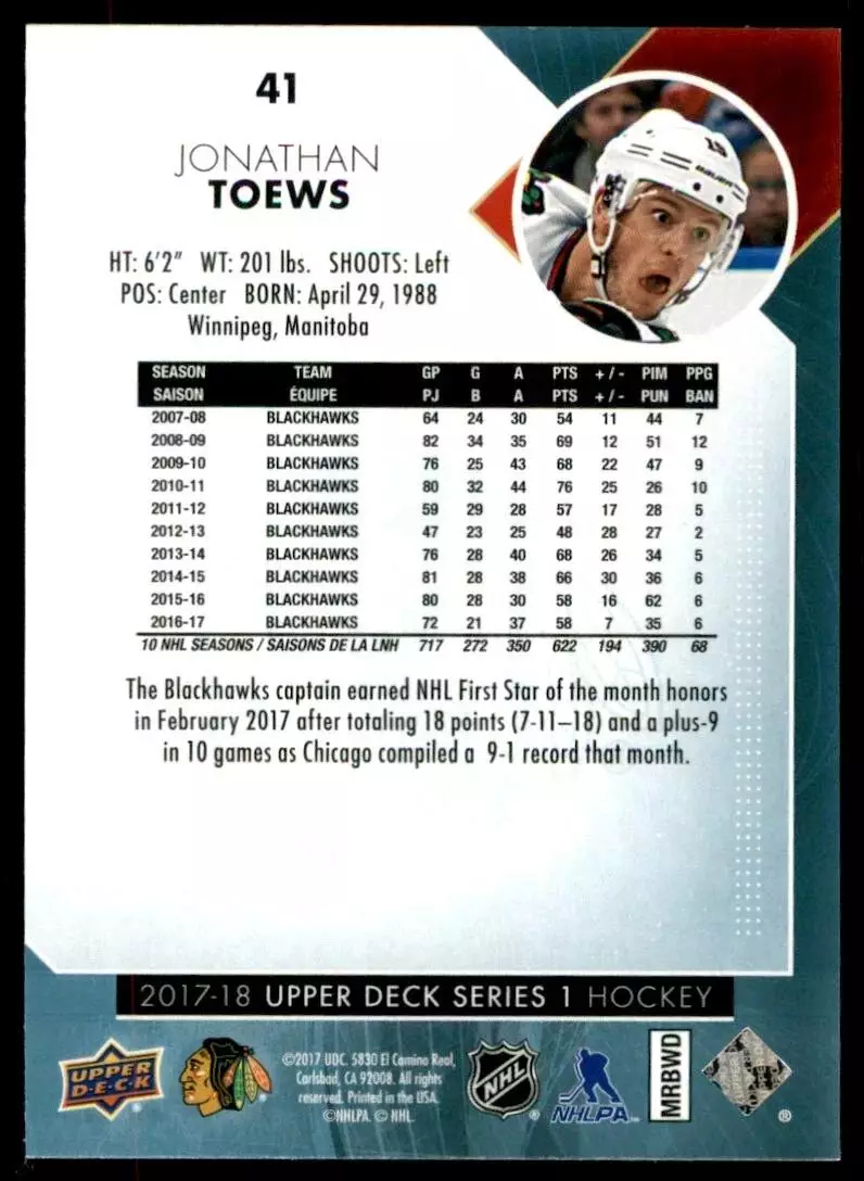 2017-18 Upper Deck #41 Jonathan Toews 1
