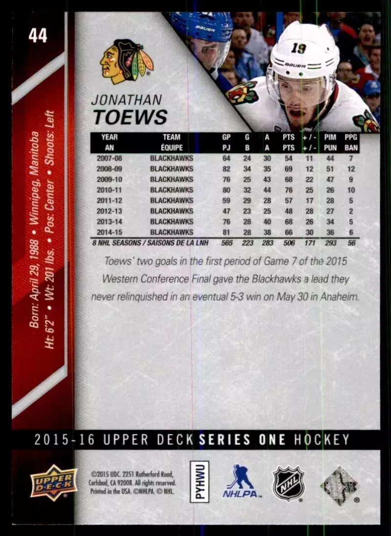 2015-16 Upper Deck #44 Jonathan Toews 1