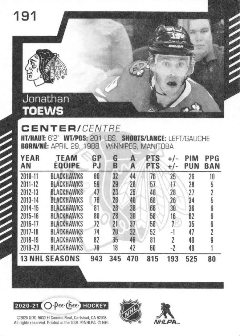 2020-21 O-Pee-Chee #191 Jonathan Toews 1
