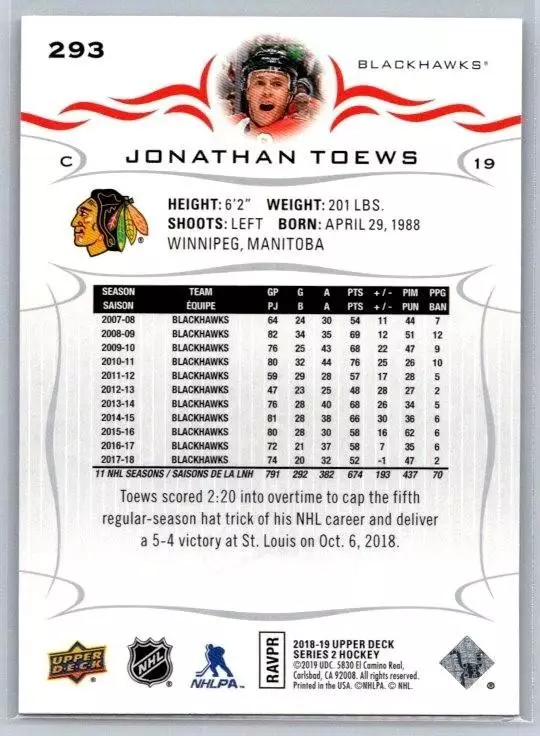 2018-19 Upper Deck #293 Jonathan Toews 1