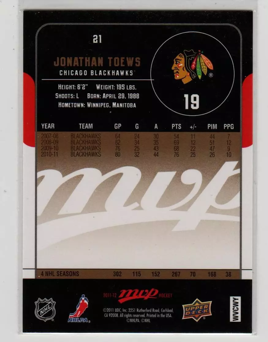 2011-12 Upper Deck MVP #21 Jonathan Toews 1