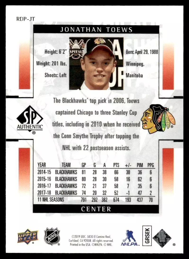2018-19 SP Authentic '99-00 Retro Draft Picks #RDPJT Jonathan Toews 1