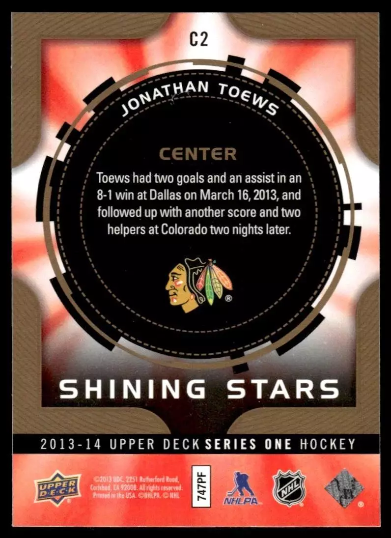 2013-14 Upper Deck Shining Stars Centers #C2 Jonathan Toews 1