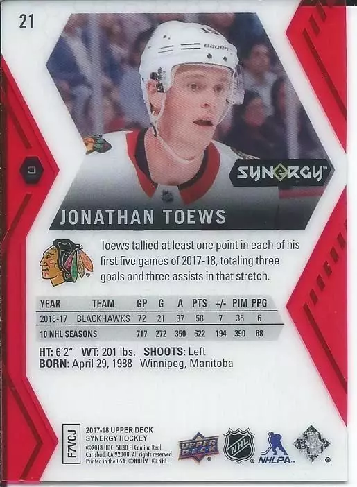 2017-18 Synergy Red #21 Jonathan Toews 1