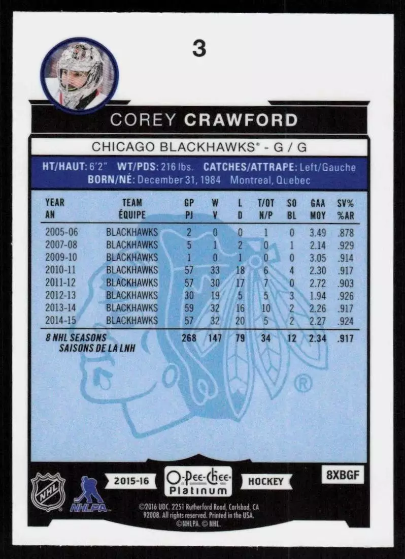 2015-16 O-Pee-Chee Platinum #3 Corey Crawford 1
