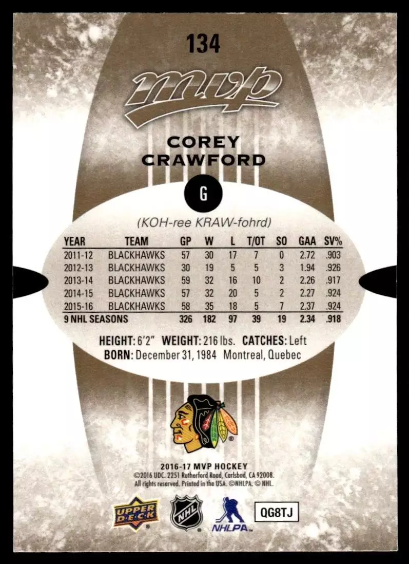2016-17 Upper Deck MVP #134 Corey Crawford 1