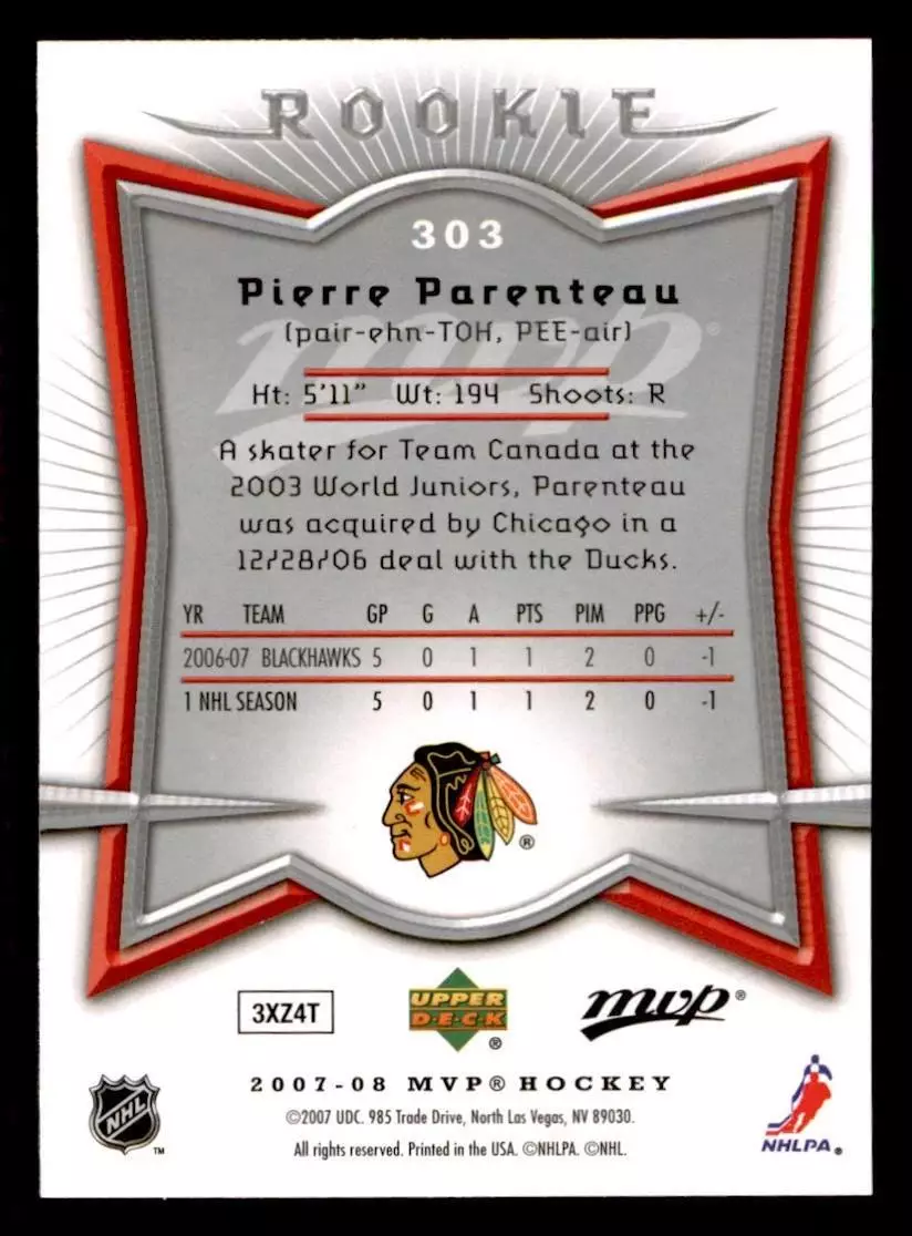 2007-08 Upper Deck MVP #303 Pierre Parenteau RC\Avtomobilist Yekaterinburg 1