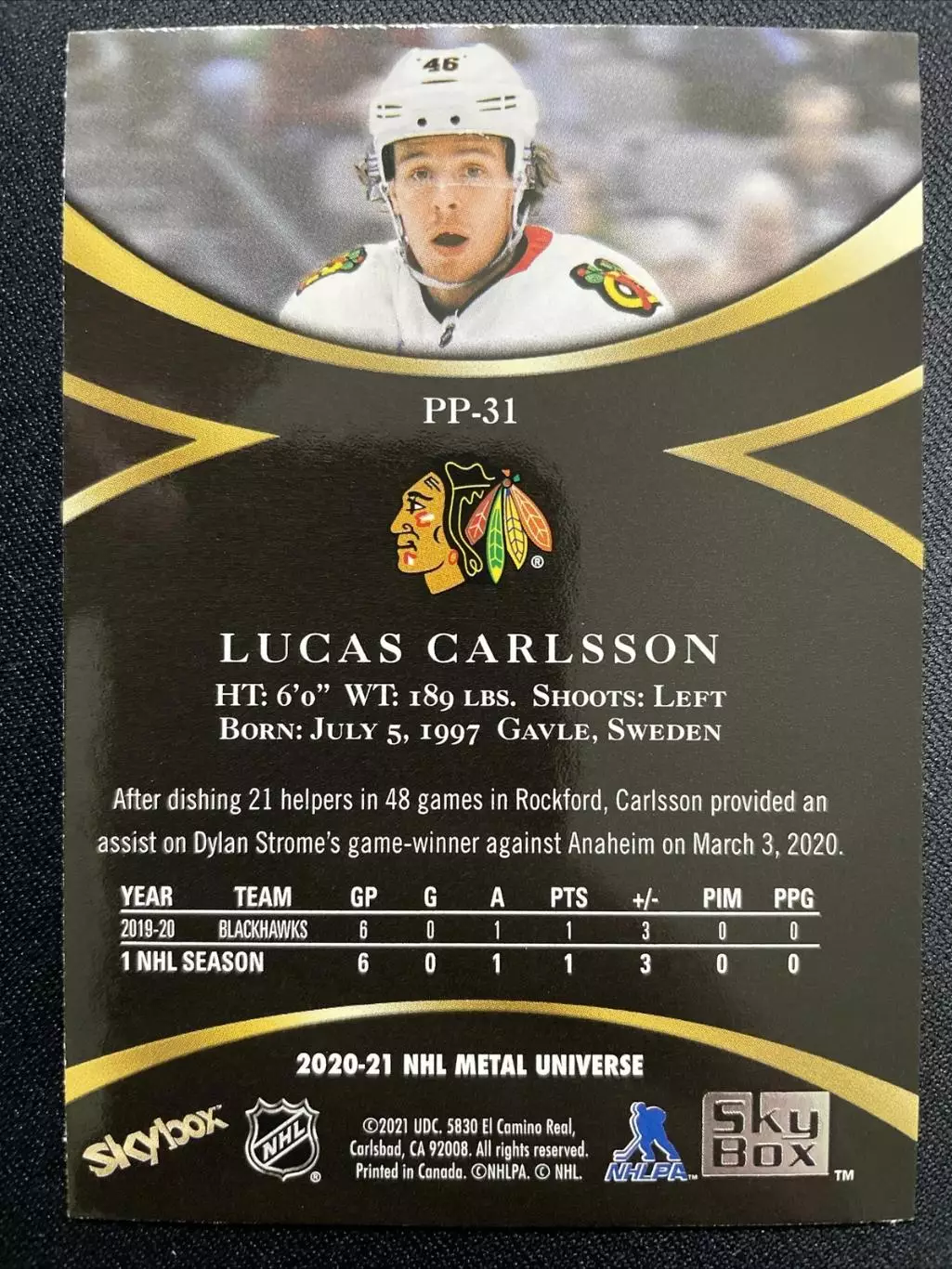 2020-21 Metal Universe Skybox Premium Prospects #PP31 Lucas Carlsson 1