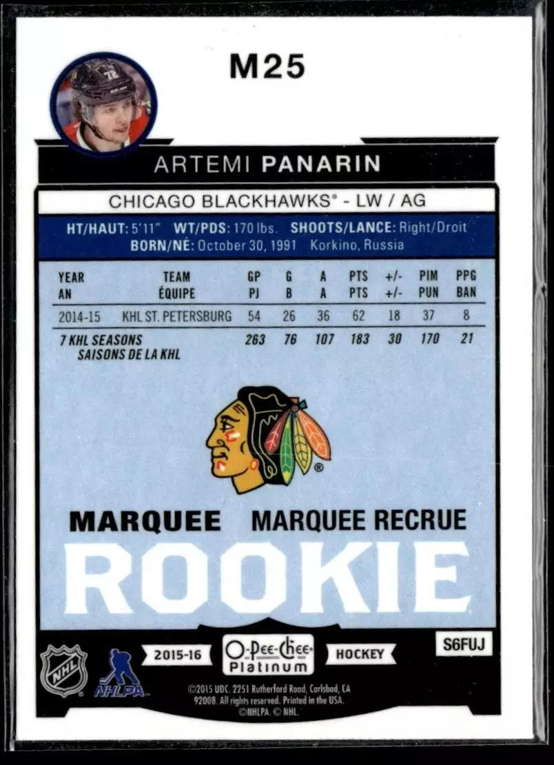 2015-16 O-Pee-Chee Platinum Marquee Rookies #M25 Artemi Panarin 1