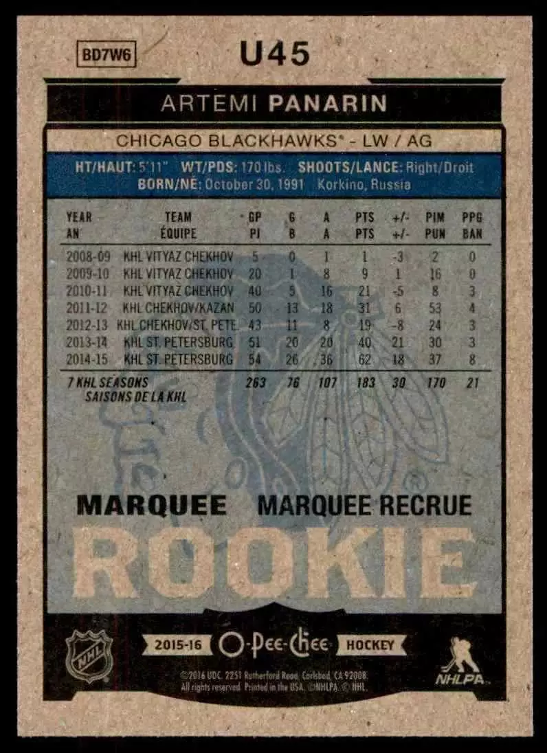 2015-16 O-Pee-Chee Update #U45 Artemi Panarin 1