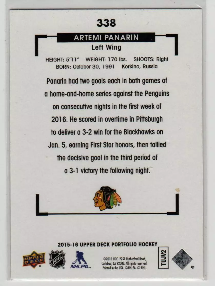 2015-16 Upper Deck Portfolio #338 Artemi Panarin 1