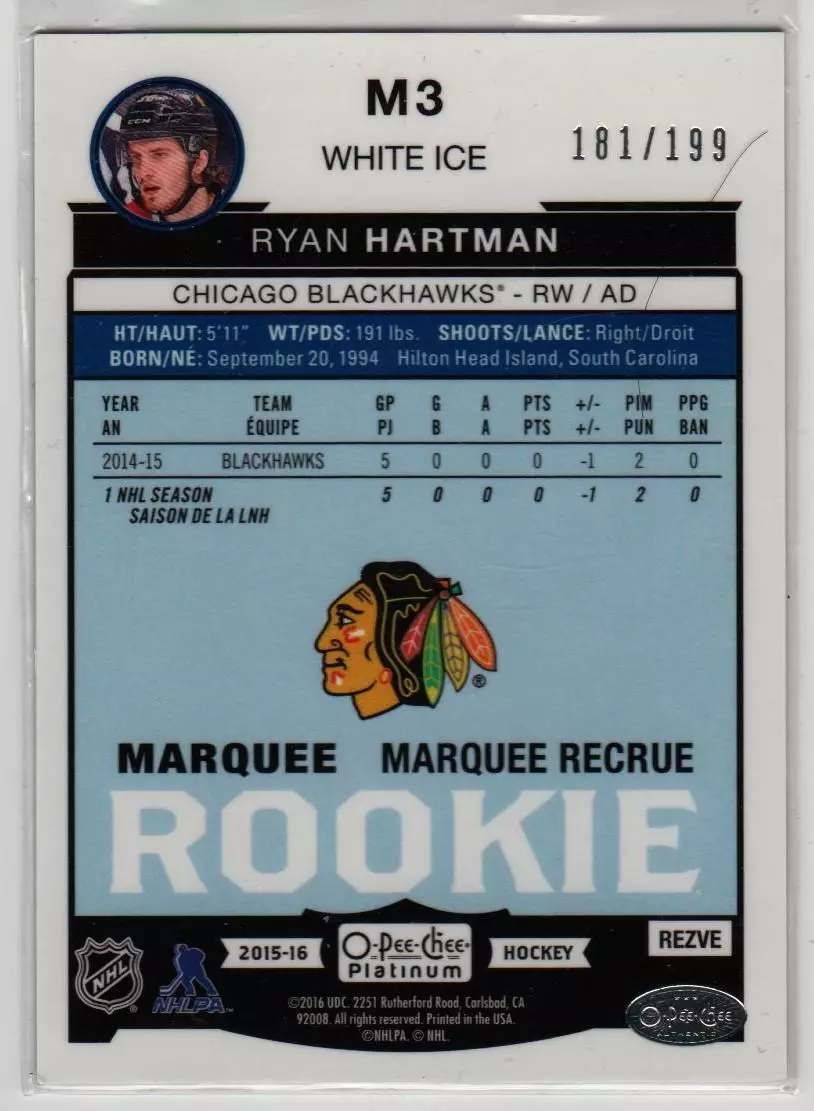 2015-16 O-Pee-Chee Platinum Marquee Rookies White Ice #M3 Ryan Hartman 181\199 1