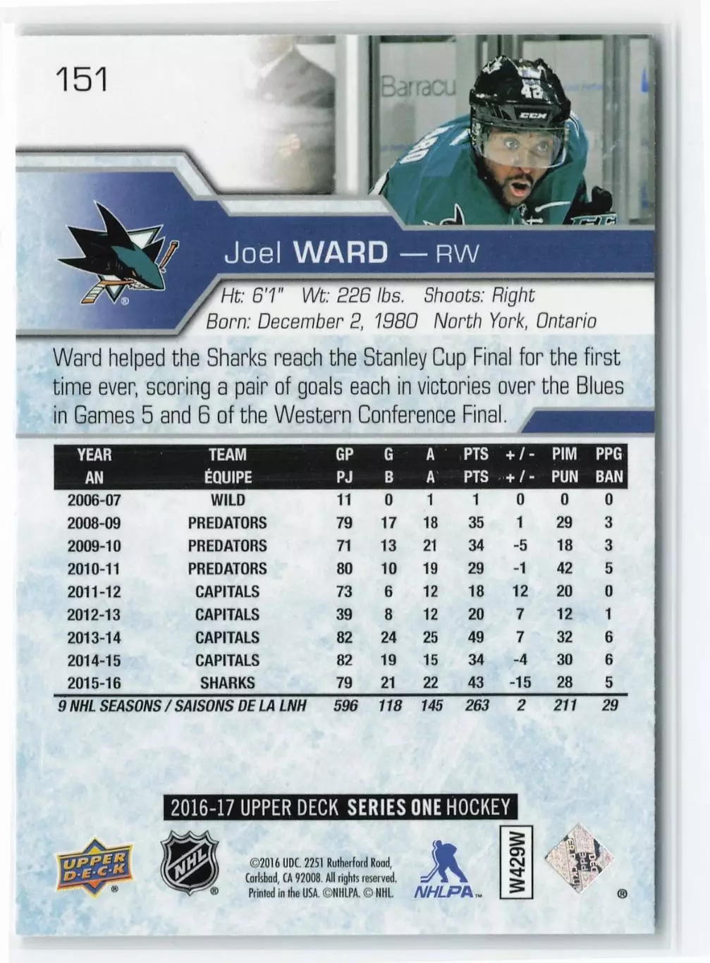 2016-17 Upper Deck #151 Joel Ward 1