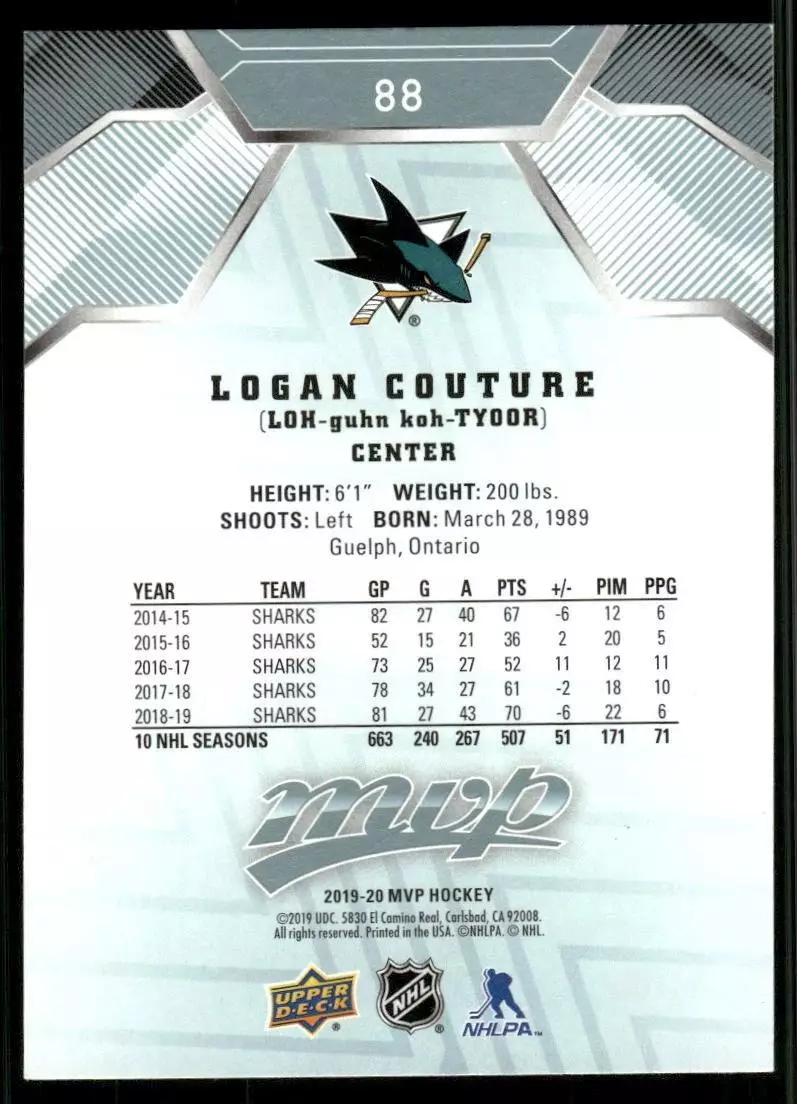 2019-20 Upper Deck MVP #88 Logan Couture 1