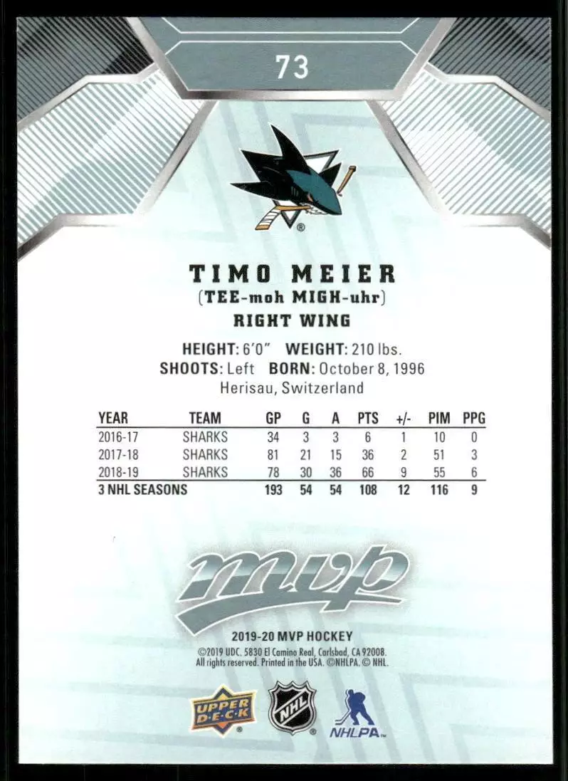 2019-20 Upper Deck MVP #73 Timo Meier 1