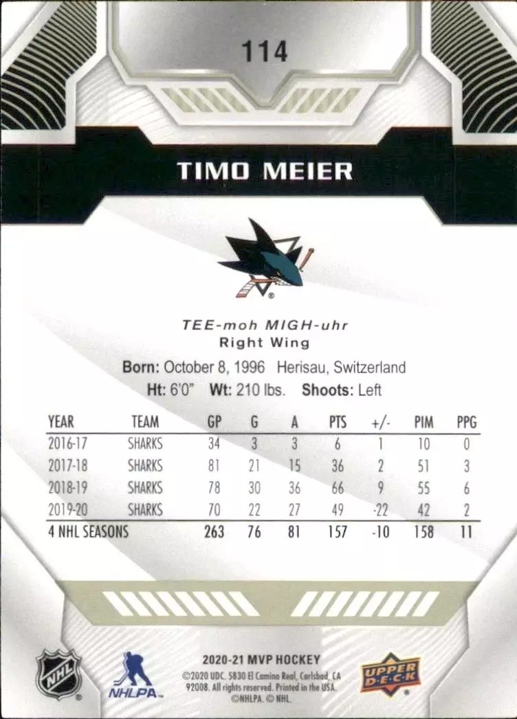 2020-21 Upper Deck MVP #114 Timo Meier 1