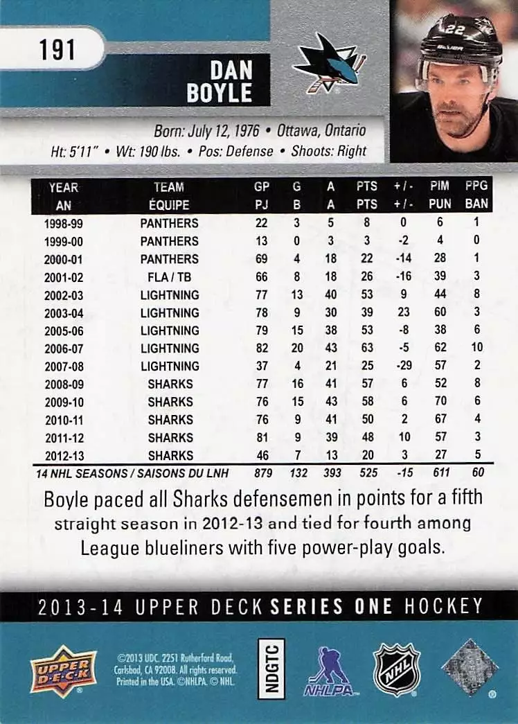 2013-14 Upper Deck #191 Dan Boyle 1