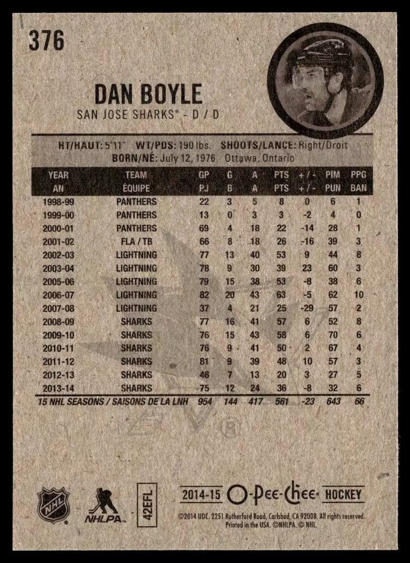2014-15 O-Pee-Chee #376 Dan Boyle 1