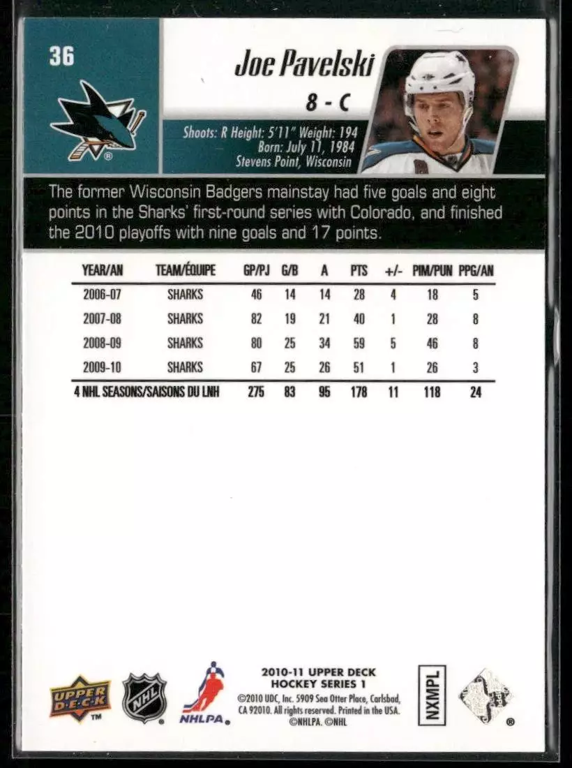 2010-11 Upper Deck #36 Joe Pavelski 1