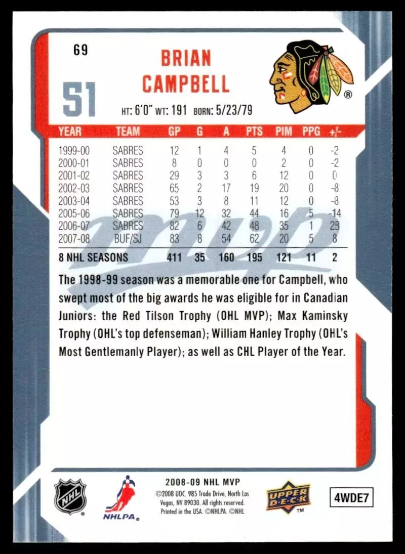 2008-09 Upper Deck MVP #69 Brian Campbell 1