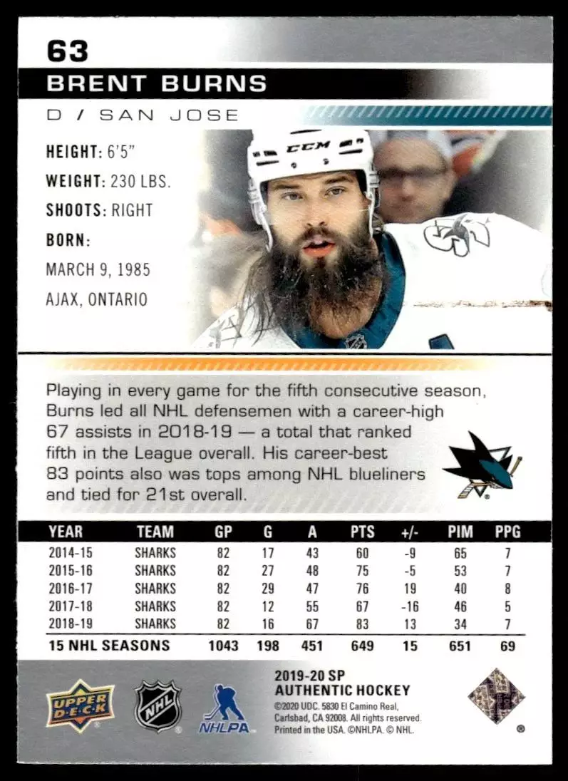 2019-20 SP Authentic #63 Brent Burns 1