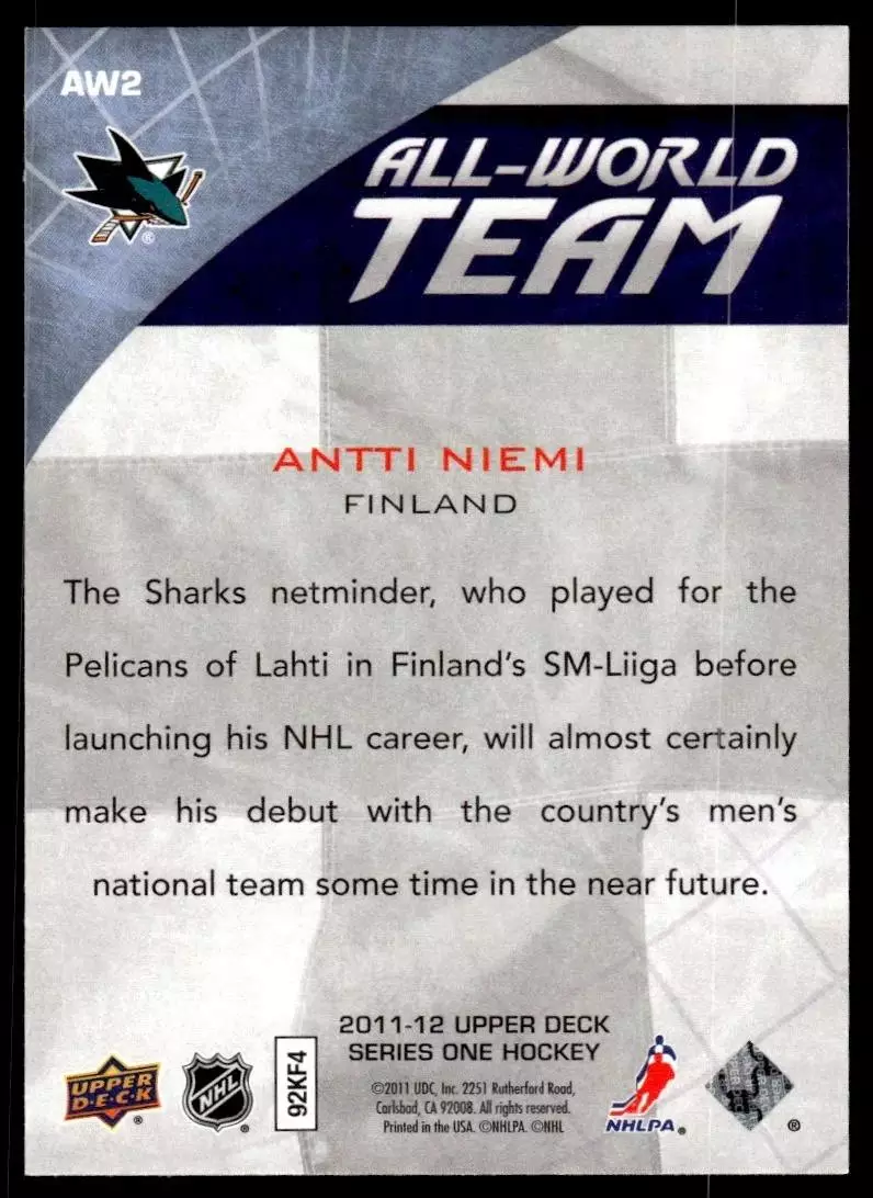 2011-12 Upper Deck All World Team #AW2 Antti Niemi 1