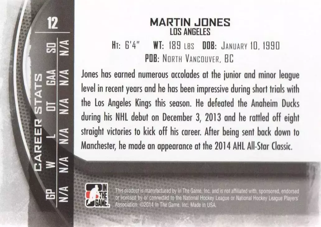 2013-14 Between the Pipes #12 Martin Jones SG 1