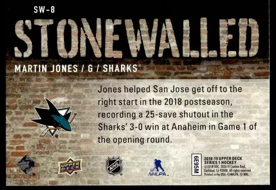 2018-19 Upper Deck Stonewalled #SW8 Martin Jones 1