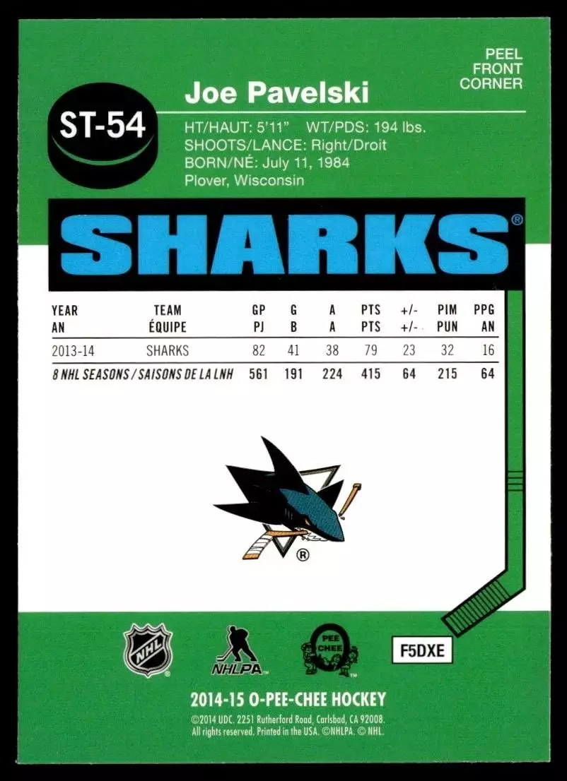 2014-15 O-Pee-Chee Stickers #ST54 Joe Pavelski 1