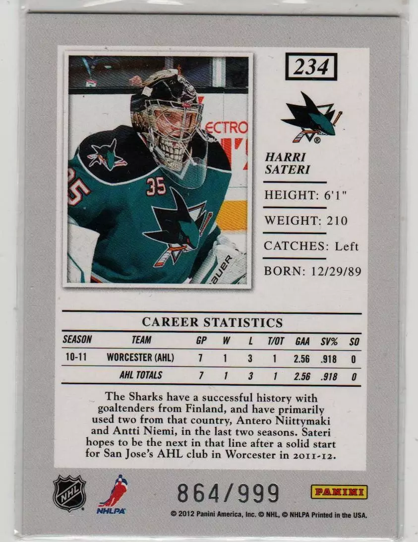 2011-12 Elite #234 Harri Sateri RC 864\999 1