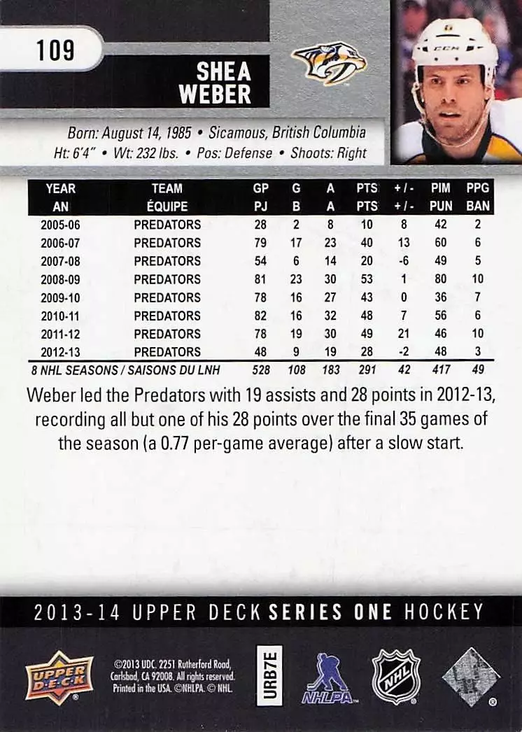 2013-14 Upper Deck #109 Shea Weber 1