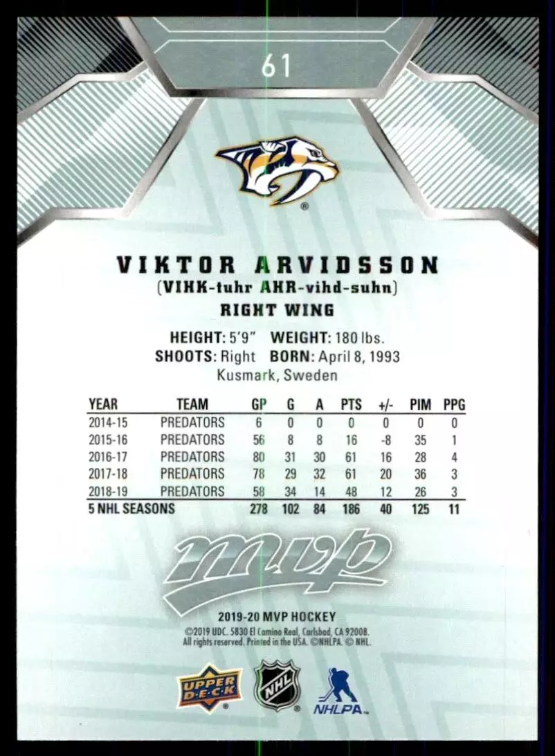 2019-20 Upper Deck MVP #61 Viktor Arvidsson 1
