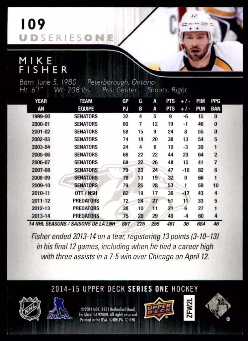 2014-15 Upper Deck #109 Mike Fisher 1