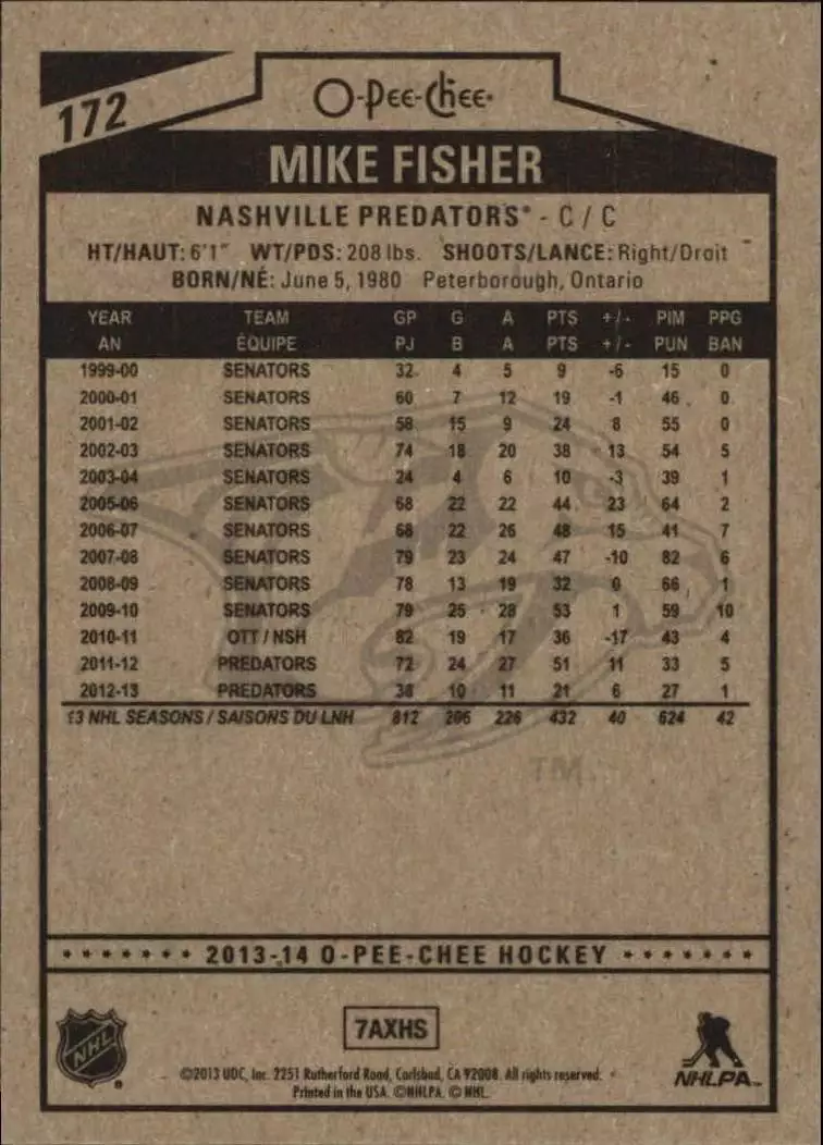 2013-14 O-Pee-Chee #172 Mike Fisher 1